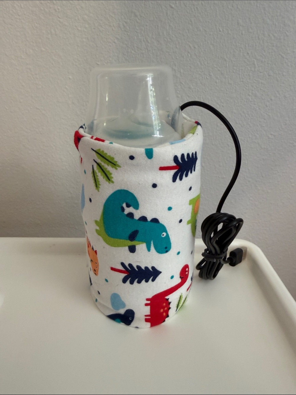Portable USB  Bottle Warmer Sleeve - White Multicolor Dinosaur